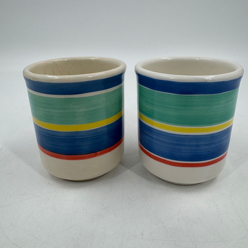 Set of 2 Vintage Himark Italy Ceramic Mugs Striped Blue Green Yellow Red MCM